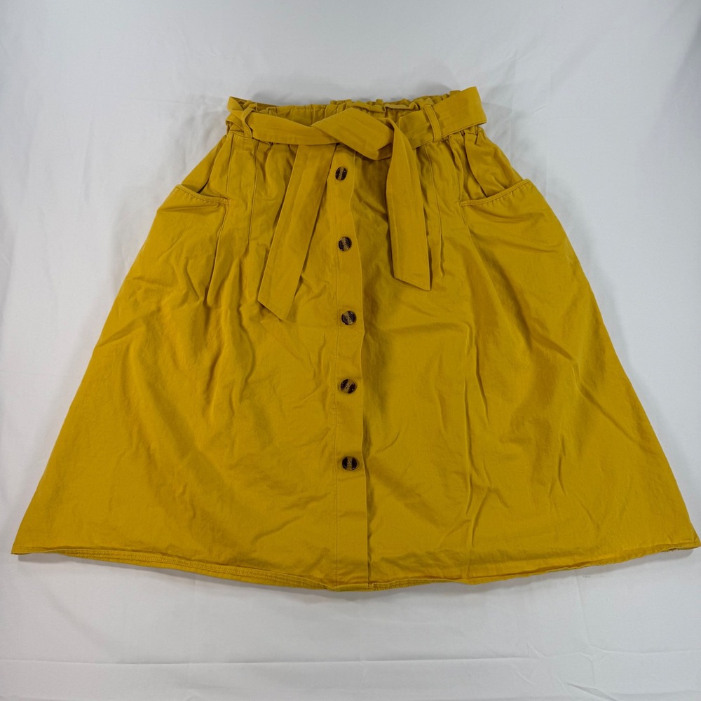 Sadie & Love Mustard Yellow Paperbag Waist Button Front Cotton‎ Midi Skirt M
